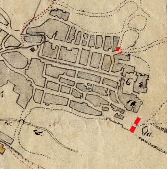 foto 2 In rosso la Porta della Catena, il Castello (n. 8) e la Porta san Paolo con la fontana e il viale degli oleandri (estratto da una mappa di metà Ottocento)