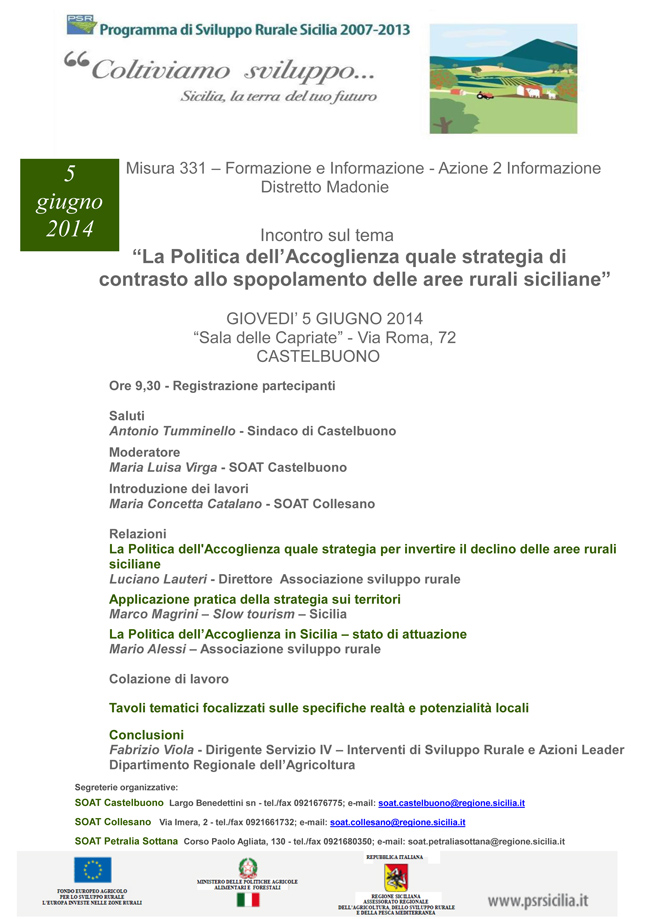 Soat di Castelbuono: Incontro sul tema “La Politica dell’Accoglienza quale strategia di contrasto allo spopolamento delle aree rurali siciliane”